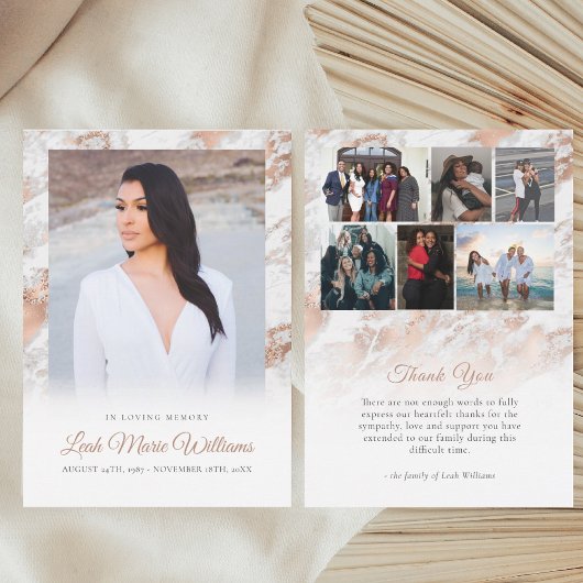 バラモダン金ゴールドピンクマーブルメモリアル葬儀 サンキューカード