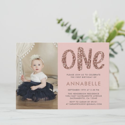 バラモダン金ゴールドフェイクグリッター第1誕生日写真 招待状 (スタンド正面)