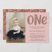 バラモダン金ゴールドフェイクグリッター第1誕生日写真 招待状 (正面/裏面)