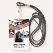 バラモダン金ゴールドブラックグリッター大理石幾何学模様 バッジ (正面ランヤード)