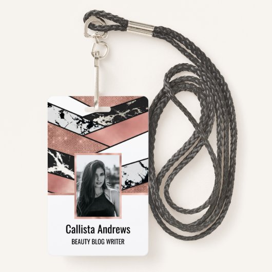 バラモダン金ゴールドブラックグリッター大理石幾何学模様 バッジ (正面ランヤード)