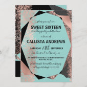 バラモダン金ゴールドブラックティール（緑がかった色）ジオメトリックスウィート16 招待状 (正面/裏面)