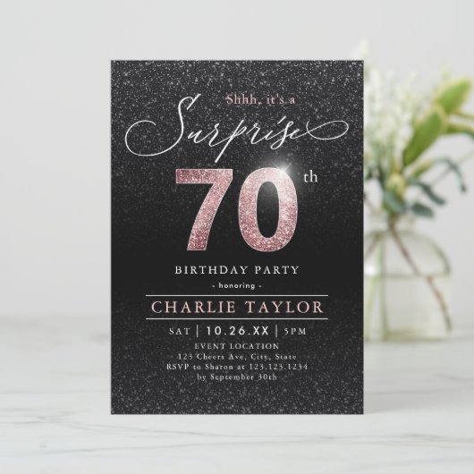 バラモダン金ゴールドブラック驚き70歳の誕生日 招待状 (スタンド正面)