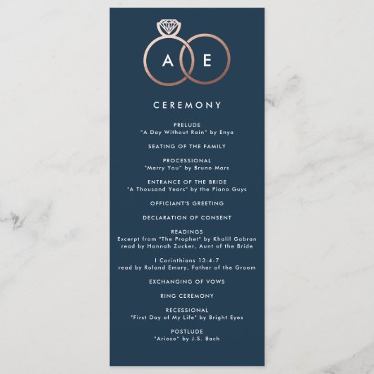 バラモダン金ゴールドリングや輪ネイビーブルー結婚式 プログラム (正面)