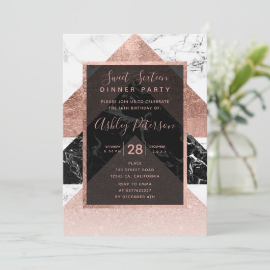 バラモダン金ゴールド白黒マーブルスウィート16 招待状 (スタンド正面)