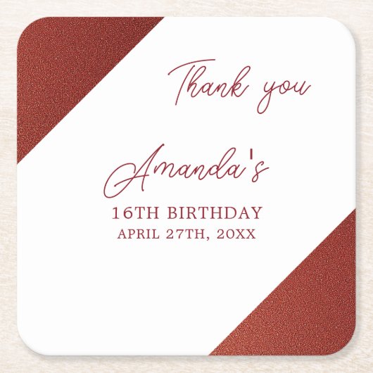 バラモダン金ゴールド銅グリッタースウィート16誕生日 スクエアペーパーコースター (正面)