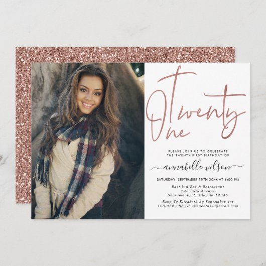 バラモダン金ゴールド21歳誕生日写真 招待状 (正面/裏面)