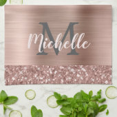 バラモノグラムの金ゴールドグリッタードリップオンピンクメタル キッチンタオル (折り畳み)