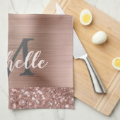 バラモノグラムの金ゴールドグリッタードリップオンピンクメタル キッチンタオル (四つ折り)