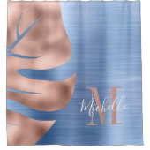 バラモノグラムの金ゴールドブルーブラシ仕上げ金属パームリーフ シャワーカーテン (正面)