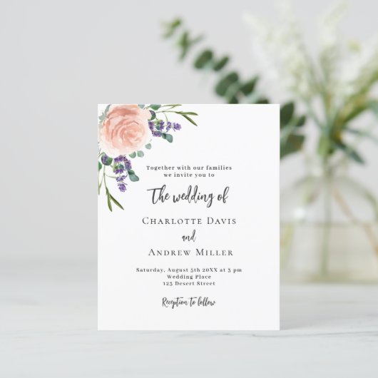 バララベンダー花模様QR RSVP結婚式招待状 (スタンド正面)