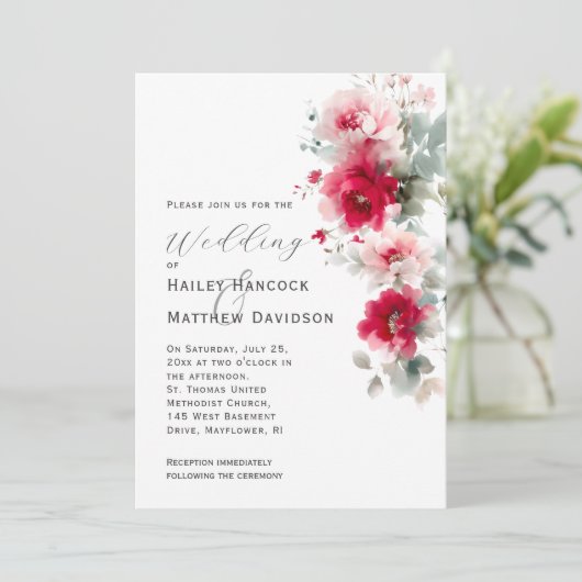 バラレッドとピンクのフローラ結婚式招待状 招待状 (スタンド正面)