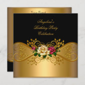 バラレッドピンククリームブラック金ゴールド誕生日パーティー 招待状 (正面/裏面)