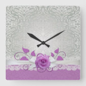 バラレースシルバー/パープルダマスククロック スクエア壁時計 (正面)