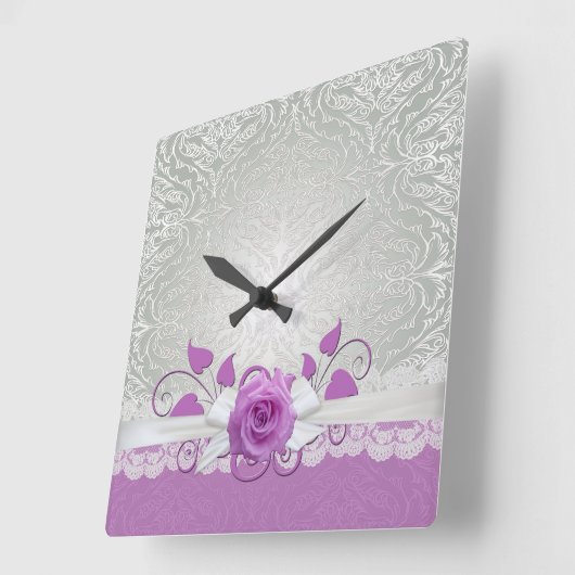 バラレースシルバー/パープルダマスククロック スクエア壁時計 (傾斜)