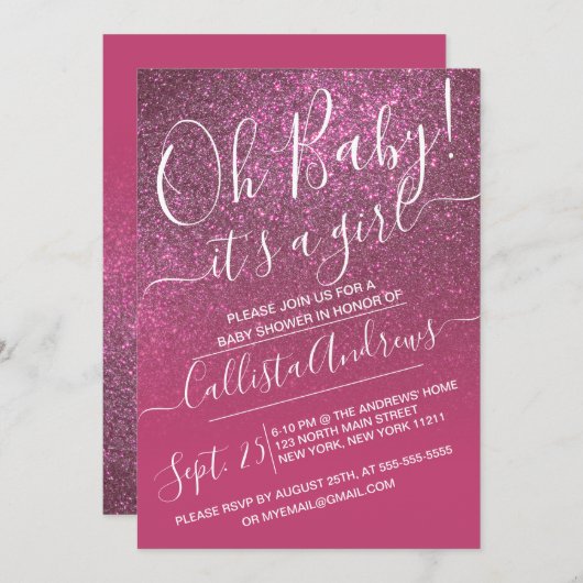 バラワインピンクスパークリーグリッターグラデーションベビーシャワー 招待状 (正面/裏面)