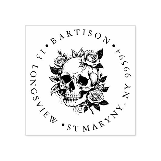 バラ付きスカル木製アドレスゴム印 ラバースタンプ (インプリント)