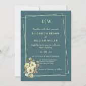 バラ付きフレーム結婚、のスタイルはマリンブルー 招待状 (正面)