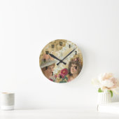 バラ付きヴィンテージステンドコラージュのコーヒー女性 ラウンド壁時計 (ホーム)