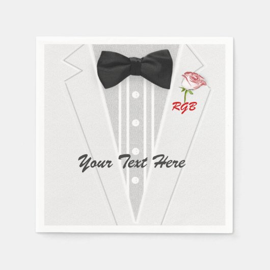 バラ付き白タキシドモノグラム スタンダードカクテルナプキン (正面)