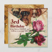 バラ付き3つのDOGGIES，第3誕生日分与 招待状 (正面/裏面)