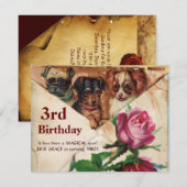 バラ付き3ダギー，第3誕生日パーチメント 招待状 (正面/裏面)