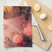 バラ入りアビシニアン猫 – バレンタイン キッチンタオル (四つ折り)