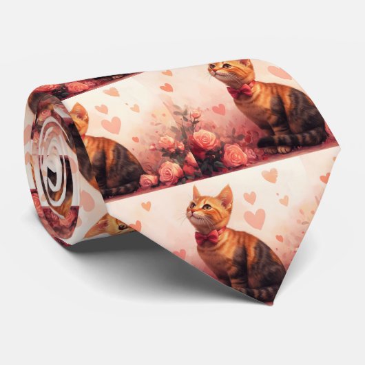 バラ入りアビシニアン猫 – バレンタイン ネクタイ (ロール)