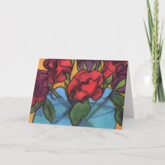 バラ入り青い花瓶誕生日カード カード (正面)