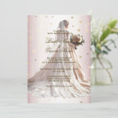 バラ冬のウェディングドレス花嫁ゴールデンシャイニーハート 招待状 (スタンド正面)