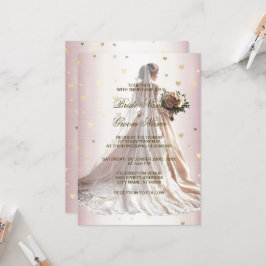 バラ冬のウェディングドレス花嫁ゴールデンシャイニーハート 招待状