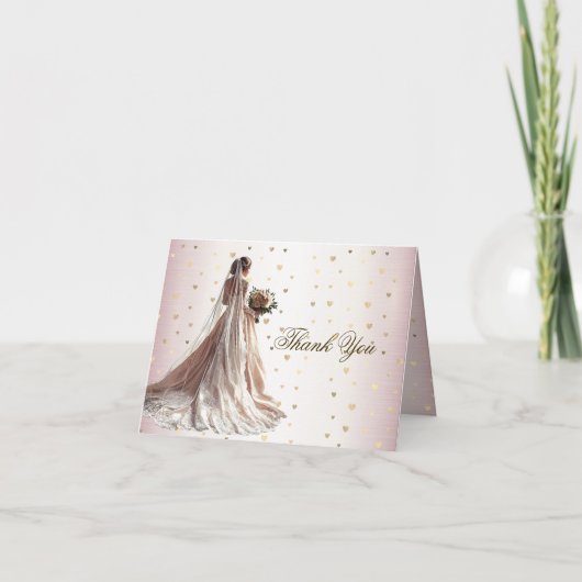 バラ冬の結婚式の花嫁ゴールデンシャイニーハートパーティー サンキューカード (正面)
