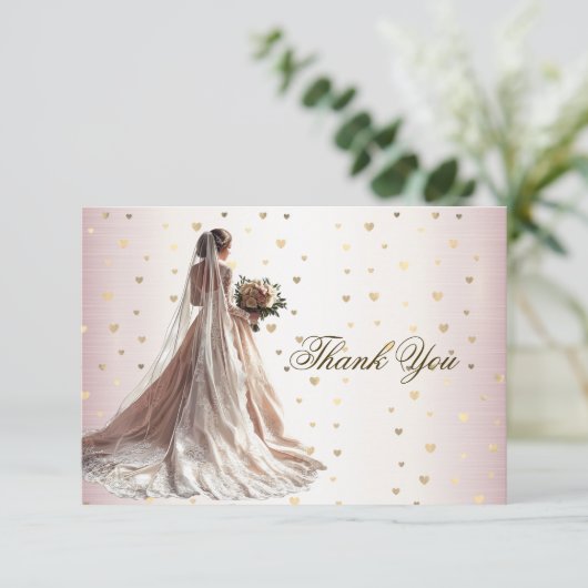 バラ冬の結婚式の花嫁ゴールデンシャイニーハートパーティー サンキューカード (スタンド正面)