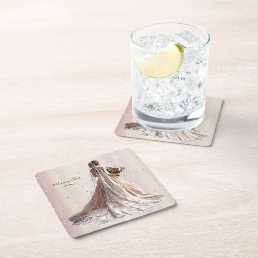 バラ冬の結婚式の花嫁ゴールデンシャイニーハートパーティー スクエアペーパーコースター (インサイチュ)