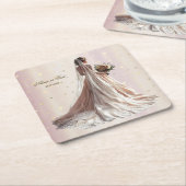 バラ冬の結婚式の花嫁ゴールデンシャイニーハートパーティー スクエアペーパーコースター (アングル)