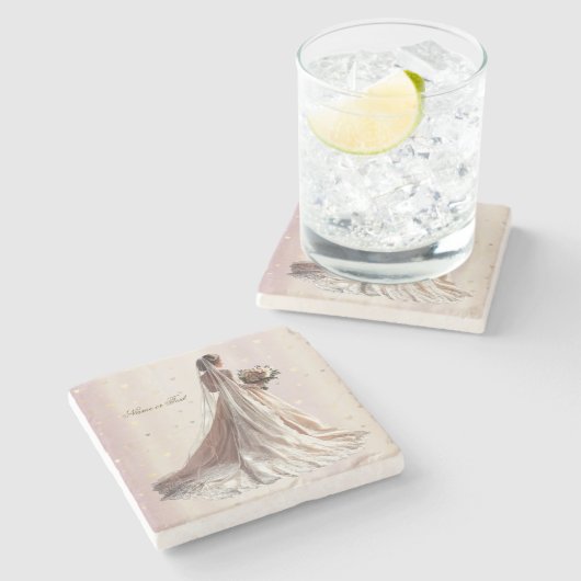 バラ冬の結婚式の花嫁ゴールデンシャイニーハートパーティー ストーンコースター (横)