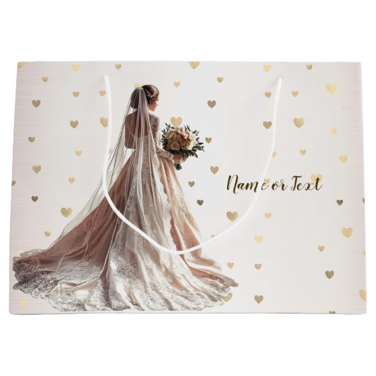 バラ冬の結婚式の花嫁ゴールデンシャイニーハートパーティー ラージペーパーバッグ (正面)