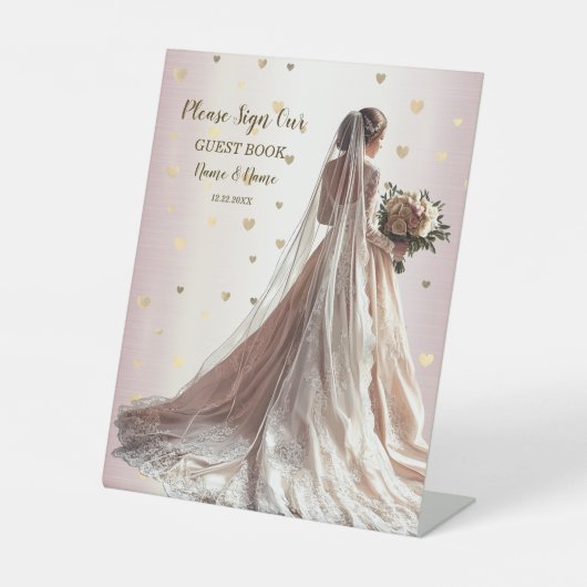 バラ冬の結婚式の花嫁ゴールデンシャイニーハートパーティー 台座サイン (正面)