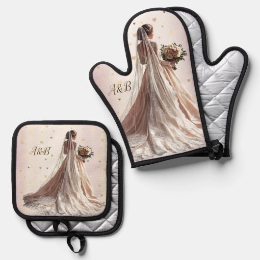 バラ冬の結婚式の花嫁ゴールデンシャイニーハートパーティー 鍋つかみ&鍋敷きセット (正面/裏面)