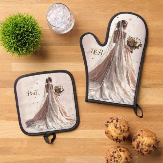 バラ冬の結婚式の花嫁ゴールデンシャイニーハートパーティー 鍋つかみ&鍋敷きセット (トップダウン)