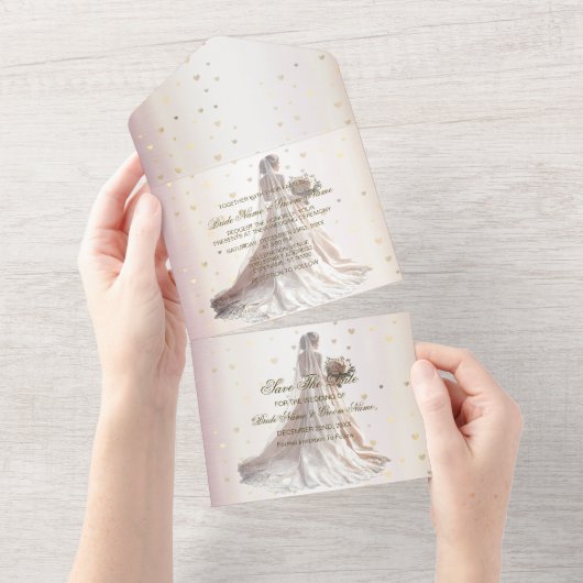 バラ冬の結婚式の花嫁ゴールデンシャイニーハート オールインワン招待状 (貼ってはがせる)