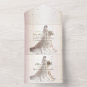 バラ冬の結婚式の花嫁ゴールデンシャイニーハート オールインワン招待状 (内側)