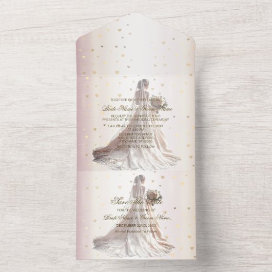 バラ冬の結婚式の花嫁ゴールデンシャイニーハート オールインワン招待状 (内側)