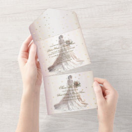 バラ冬の結婚式の花嫁ゴールデンシャイニーハート オールインワン招待状