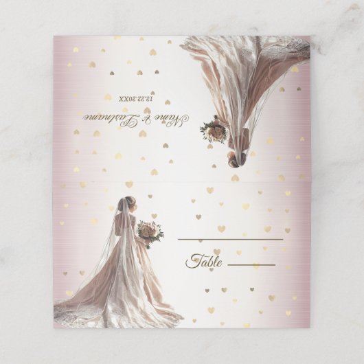 バラ冬の結婚式の花嫁ゴールデンシャイニーハート プレイスカード (外部開封)