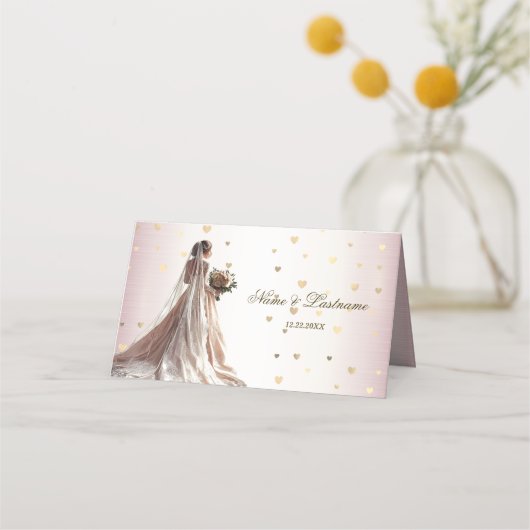 バラ冬の結婚式の花嫁ゴールデンシャイニーハート プレイスカード (裏面)