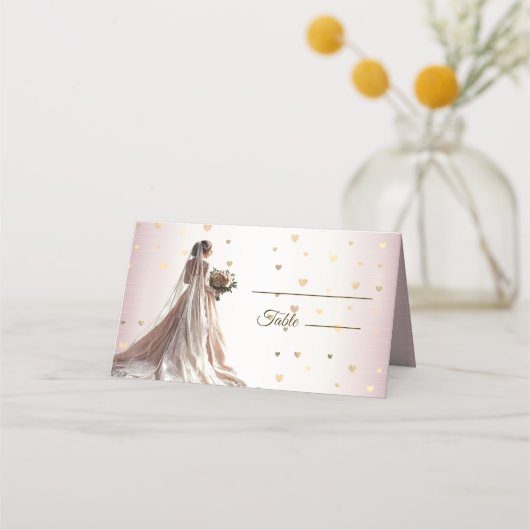 バラ冬の結婚式の花嫁ゴールデンシャイニーハート プレイスカード (正面)