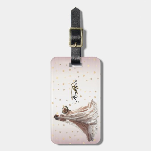 バラ冬の結婚式の花嫁ゴールデンシャイニーハート ラゲッジタグ (正面縦)