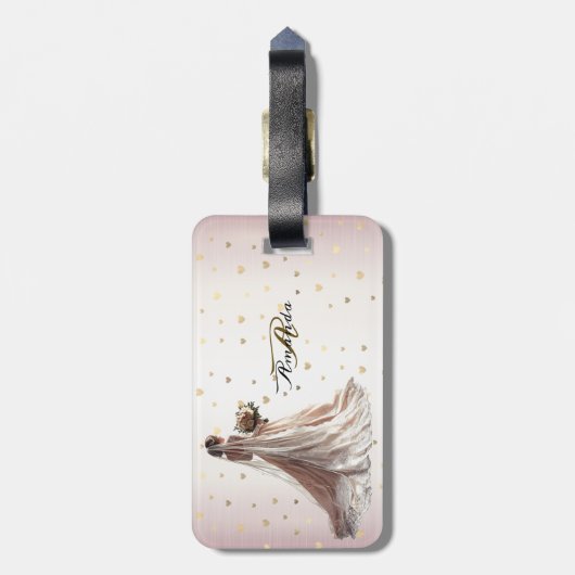 バラ冬の結婚式の花嫁ゴールデンシャイニーハート ラゲッジタグ (裏面縦)