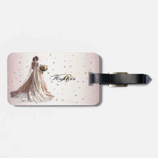 バラ冬の結婚式の花嫁ゴールデンシャイニーハート ラゲッジタグ (裏面横)